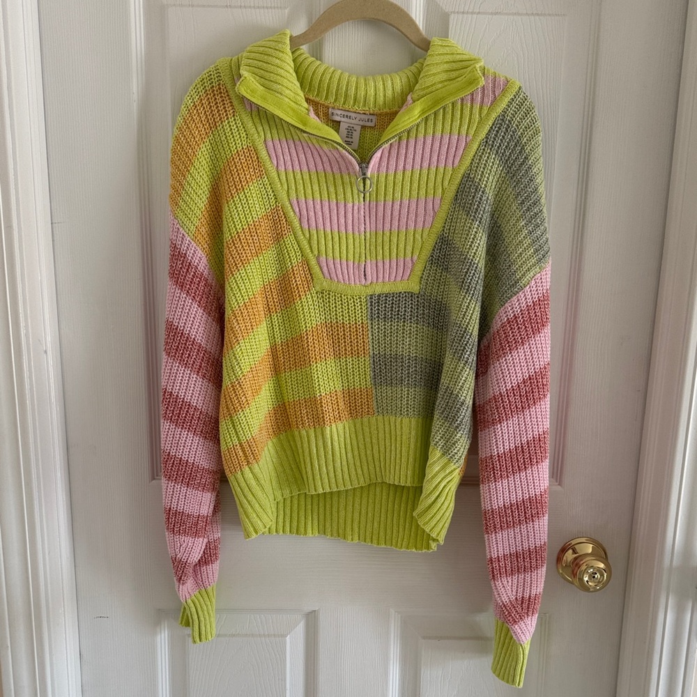 Sincerely Jules Neon Lime Pink Orange Striped Cowl Half-Zip Sweater